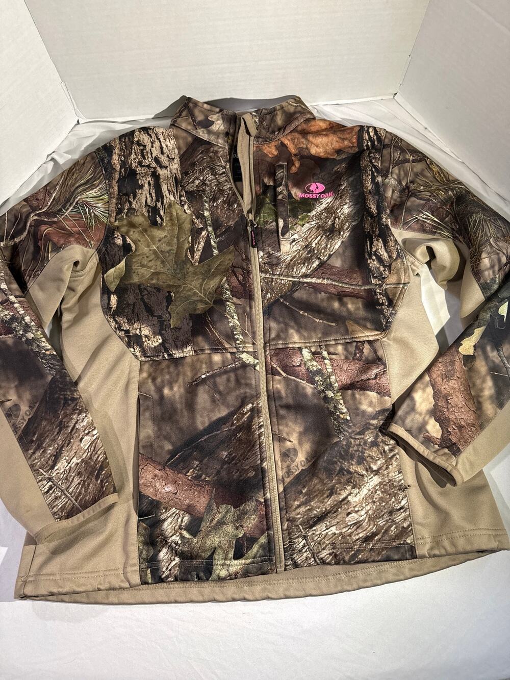Mossy Oak Womens Large Camo Hunting Jacket Full Zip Tan Pink Logo Outdoor